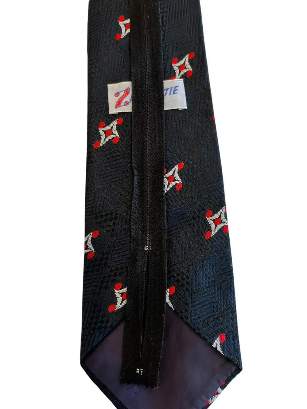 Necktie Navy Blue Zipper Tie Pre Tied Woven with white and red Pattern 1986.1